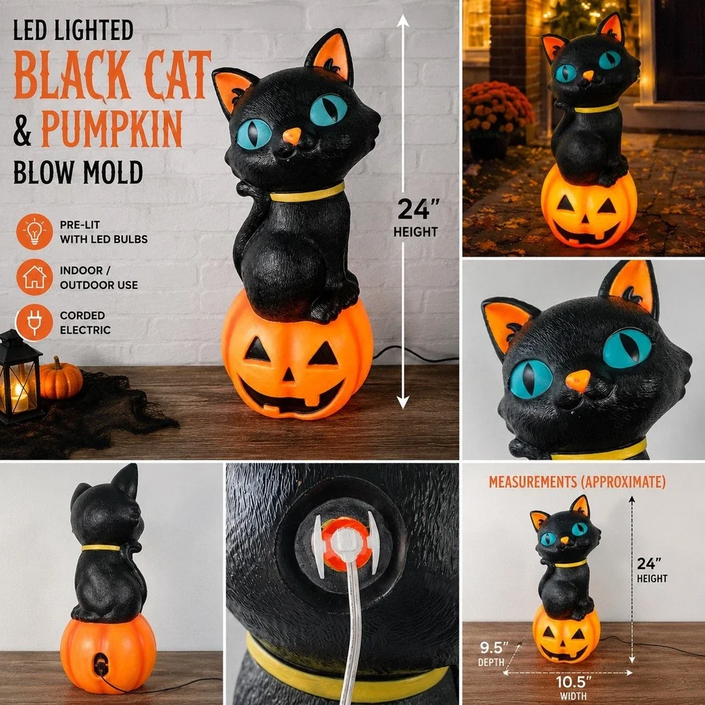 Ashland Halloween Black Cat Pumpkin Blow Mold Light Up Outdoor Decor 24 Inch